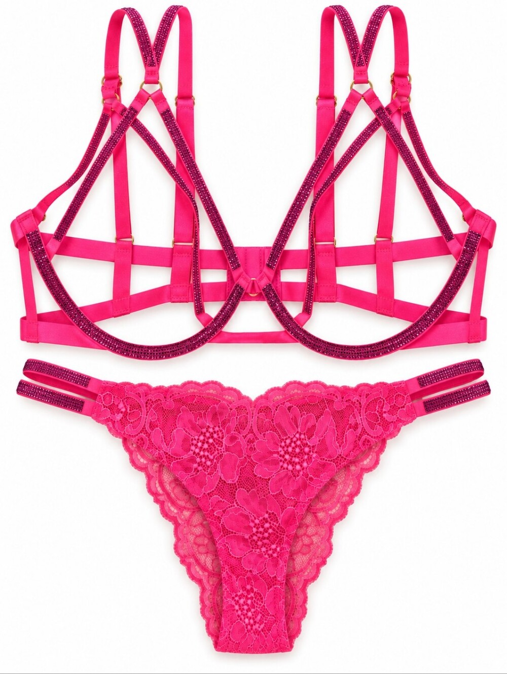 Victoria's Secret Very Sexy Bra Panty Set XL Hot Pink Rhinestone Strappy NWT